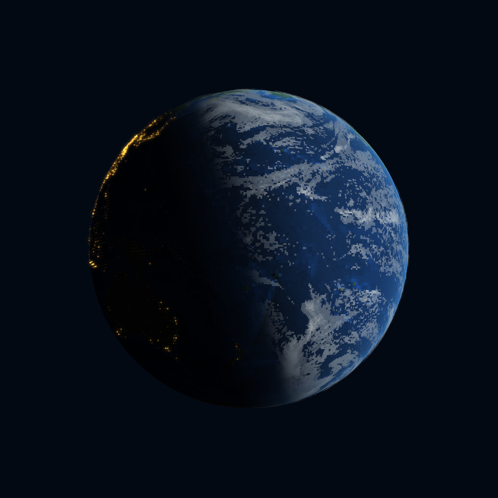 Earth as rendered by PENUMBRA — sunrise terminator dividing day and night, city lights glowing on the dark side, pixelated blue ocean and white clouds on the lit side.